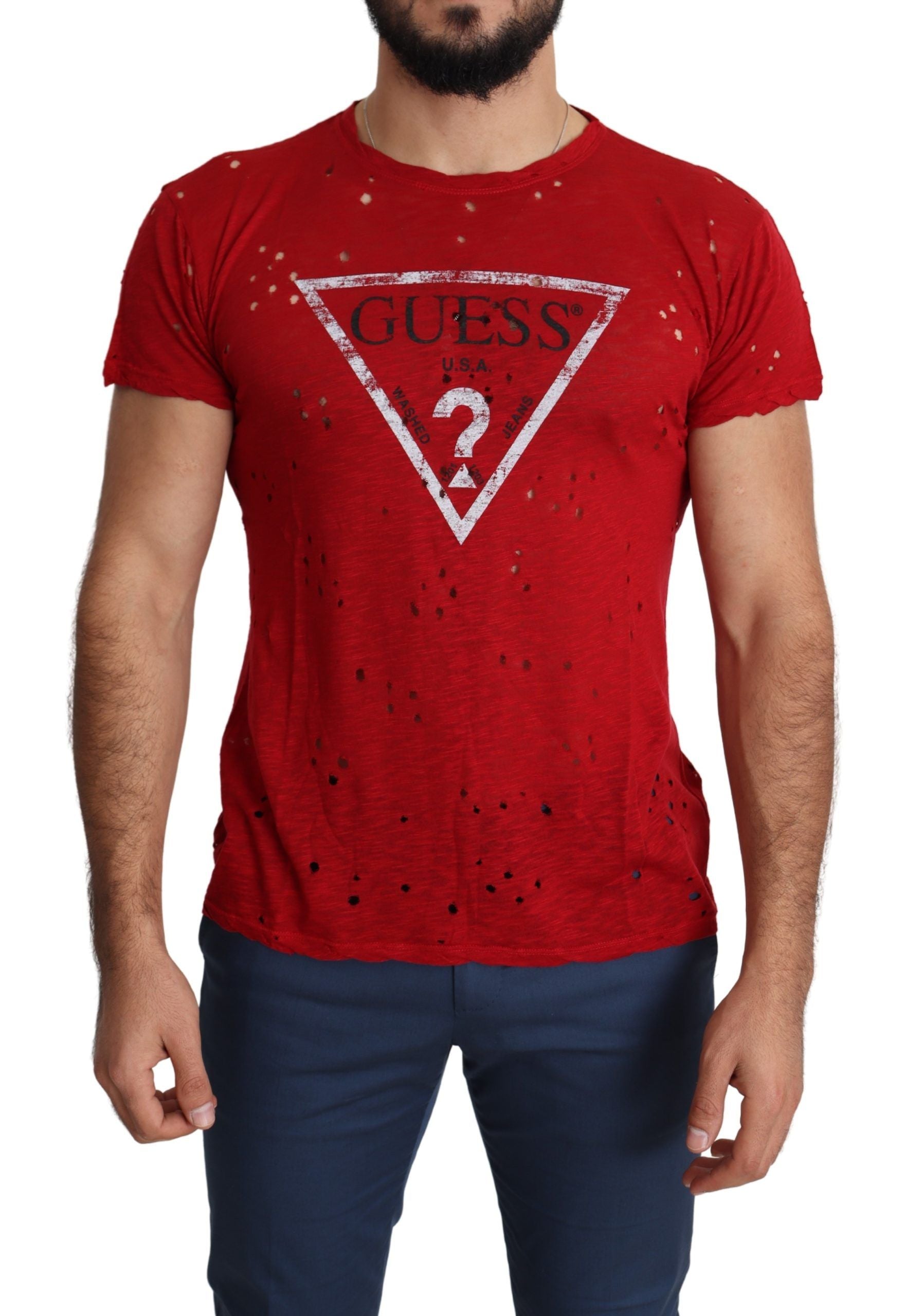 Guess Kırmızı Pamuklu Logo Baskılı Erkek Günlük Üst Delikli Tişört